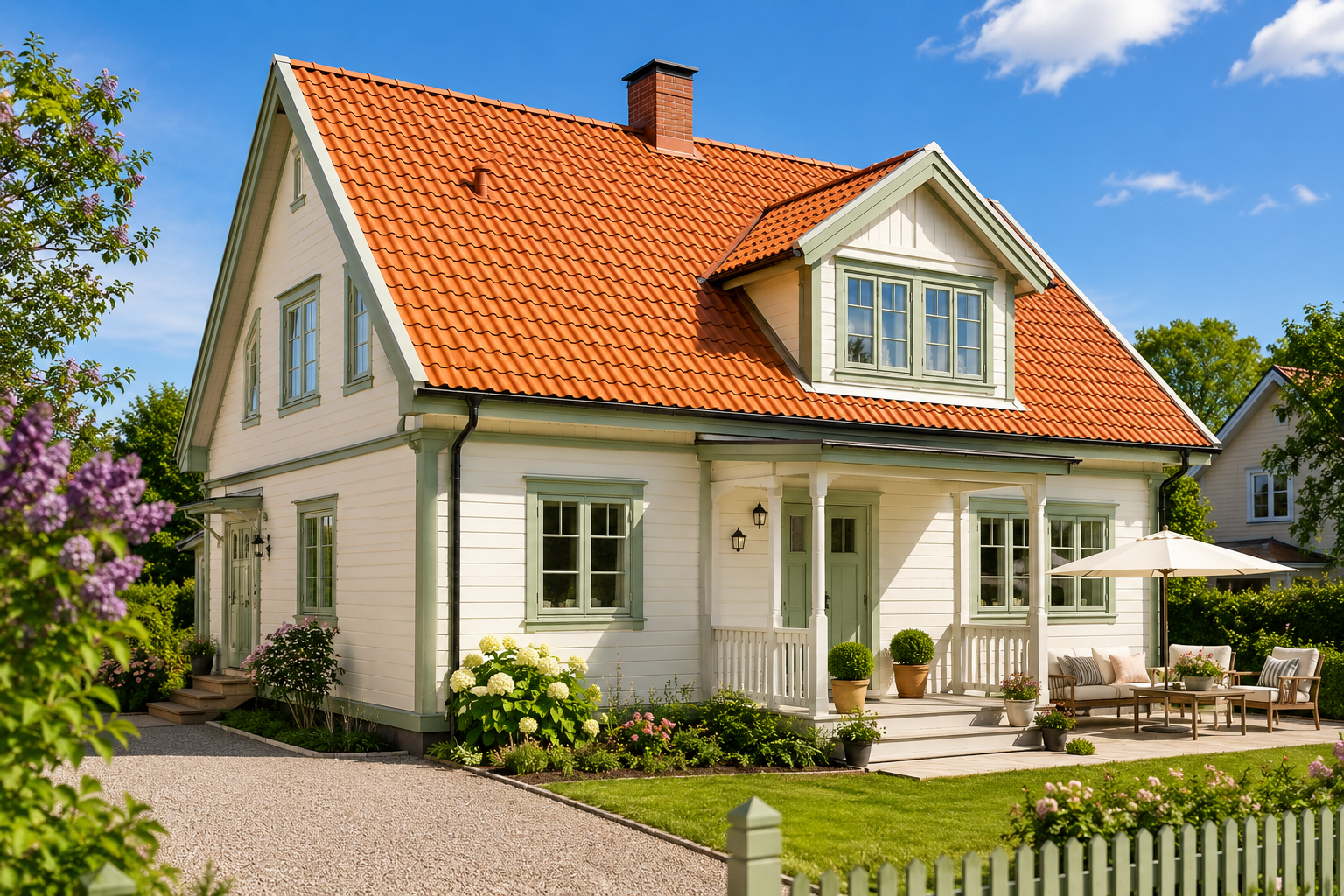 nytt tegelpannetak på svensk villa
